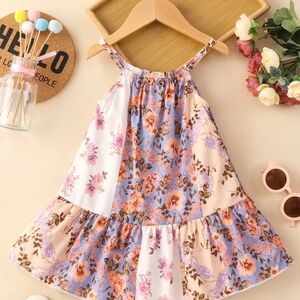 Girls Floral Patchwork Sundress Boho Summer Sleeveless A-Line Ruffle Cami Dress